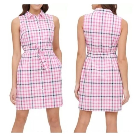 Tommy Hilfiger Dresses & Skirts - Tommy Hilfiger Women’s Sz 10 Sleeveless Pink White Plaid Shirt Dress Waist Tie